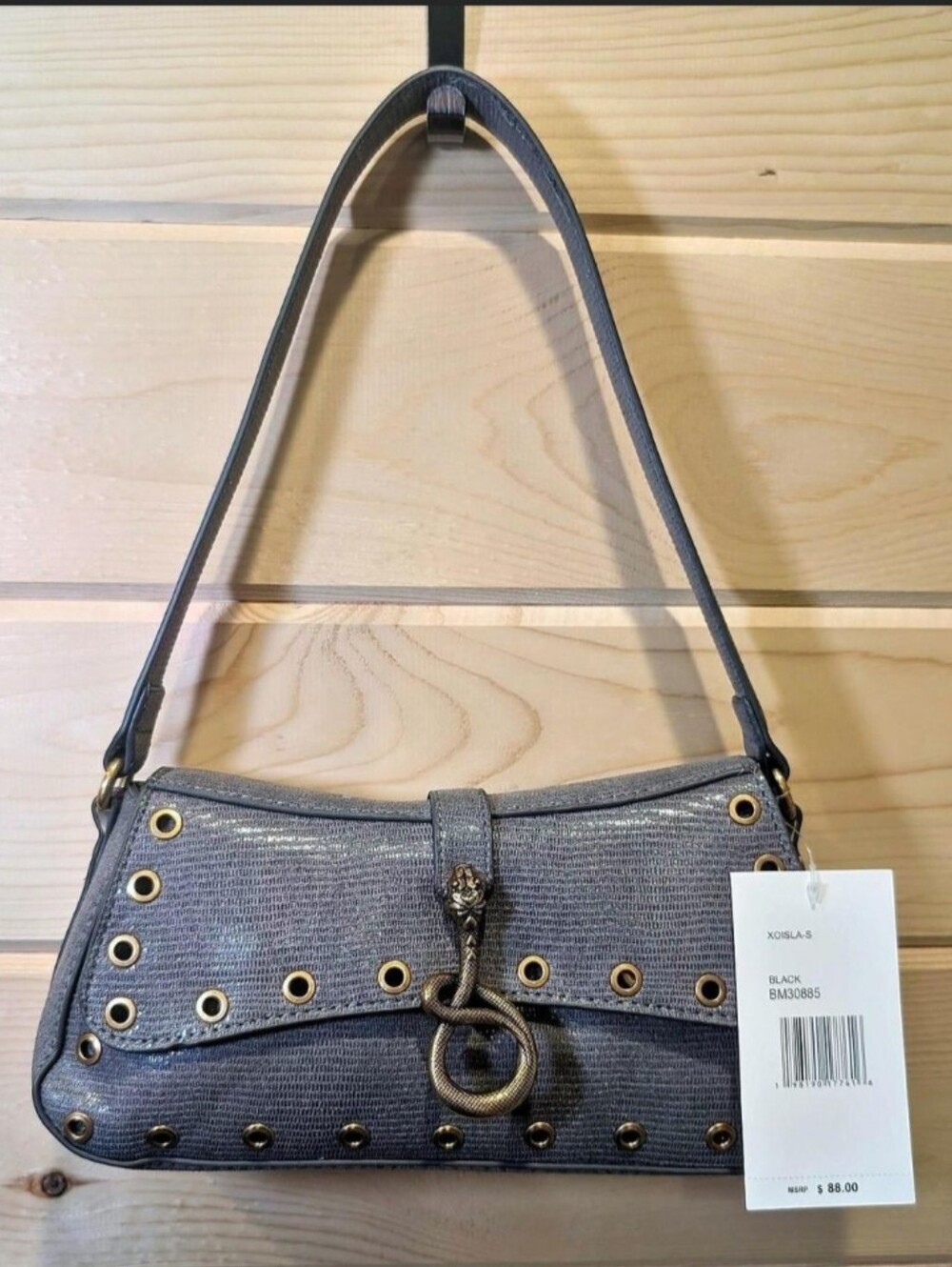 Betsey Johnson Metallic Gray Shoulder Bag with Decorative Snake Ring & Grommets